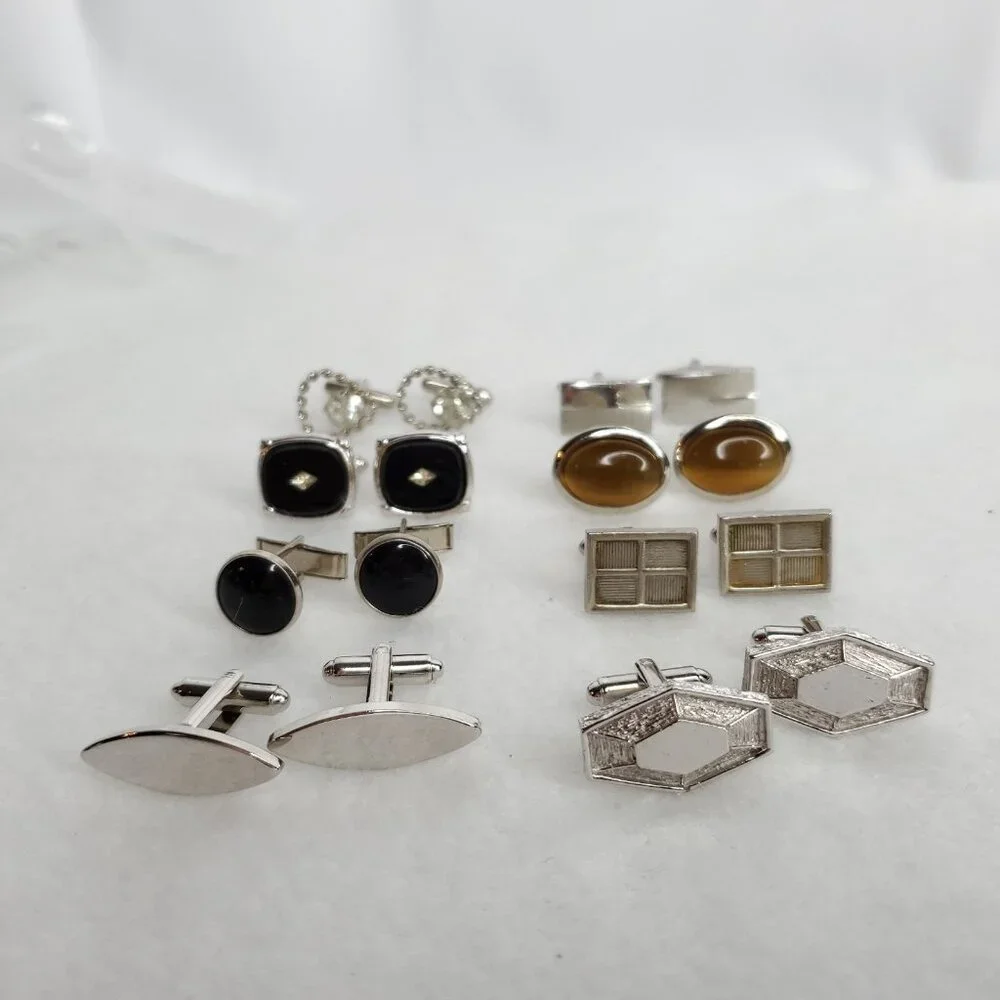Vintage Cufflink Lot Silver Tone Black Brown Rhinestone 8 Pair